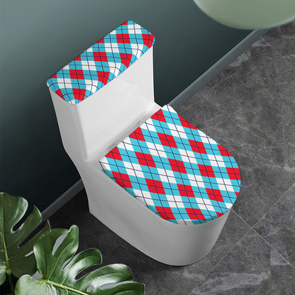 Red Blue And White Argyle Pattern Print Toilet Lid And Tank Cover Set