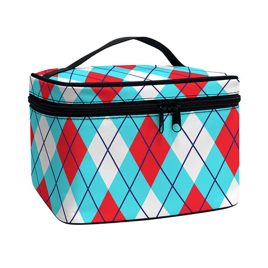 Red Blue And White Argyle Pattern Print Travel Makeup Bag