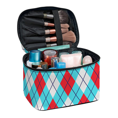 Red Blue And White Argyle Pattern Print Travel Makeup Bag