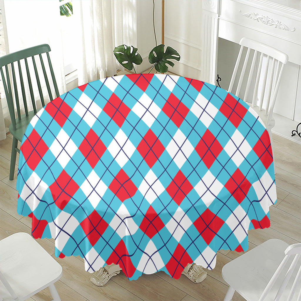 Red Blue And White Argyle Pattern Print Waterproof Round Tablecloth