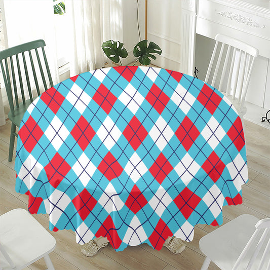 Red Blue And White Argyle Pattern Print Waterproof Round Tablecloth