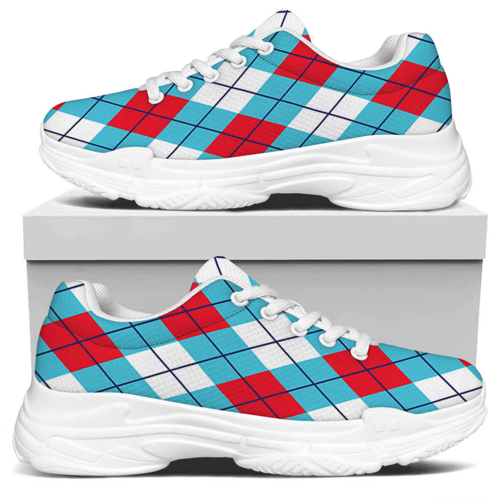 Red Blue And White Argyle Pattern Print White Chunky Shoes