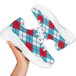 Red Blue And White Argyle Pattern Print White Chunky Shoes