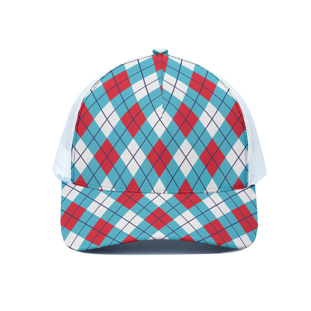 Red Blue And White Argyle Pattern Print White Mesh Trucker Cap