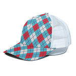Red Blue And White Argyle Pattern Print White Mesh Trucker Cap