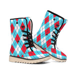 Red Blue And White Argyle Pattern Print Winter Boots