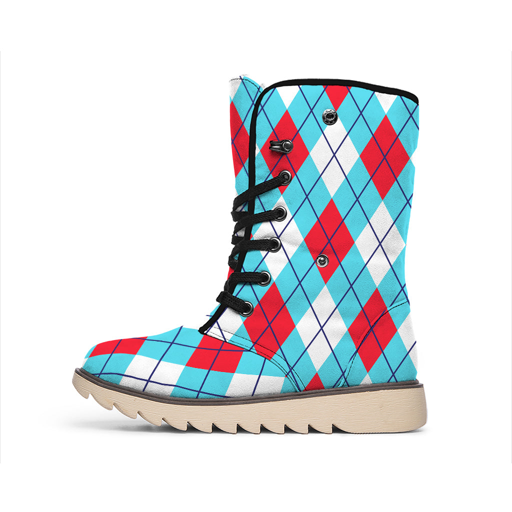 Red Blue And White Argyle Pattern Print Winter Boots