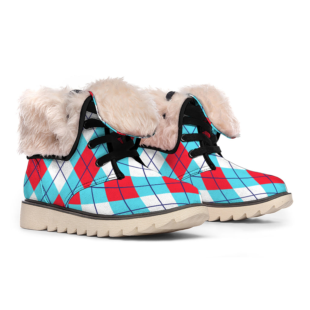 Red Blue And White Argyle Pattern Print Winter Boots