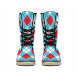 Red Blue And White Argyle Pattern Print Winter Boots