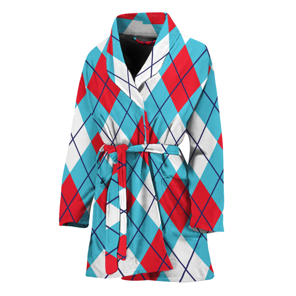 Red Blue And White Argyle Pattern Print Women's Bathrobe