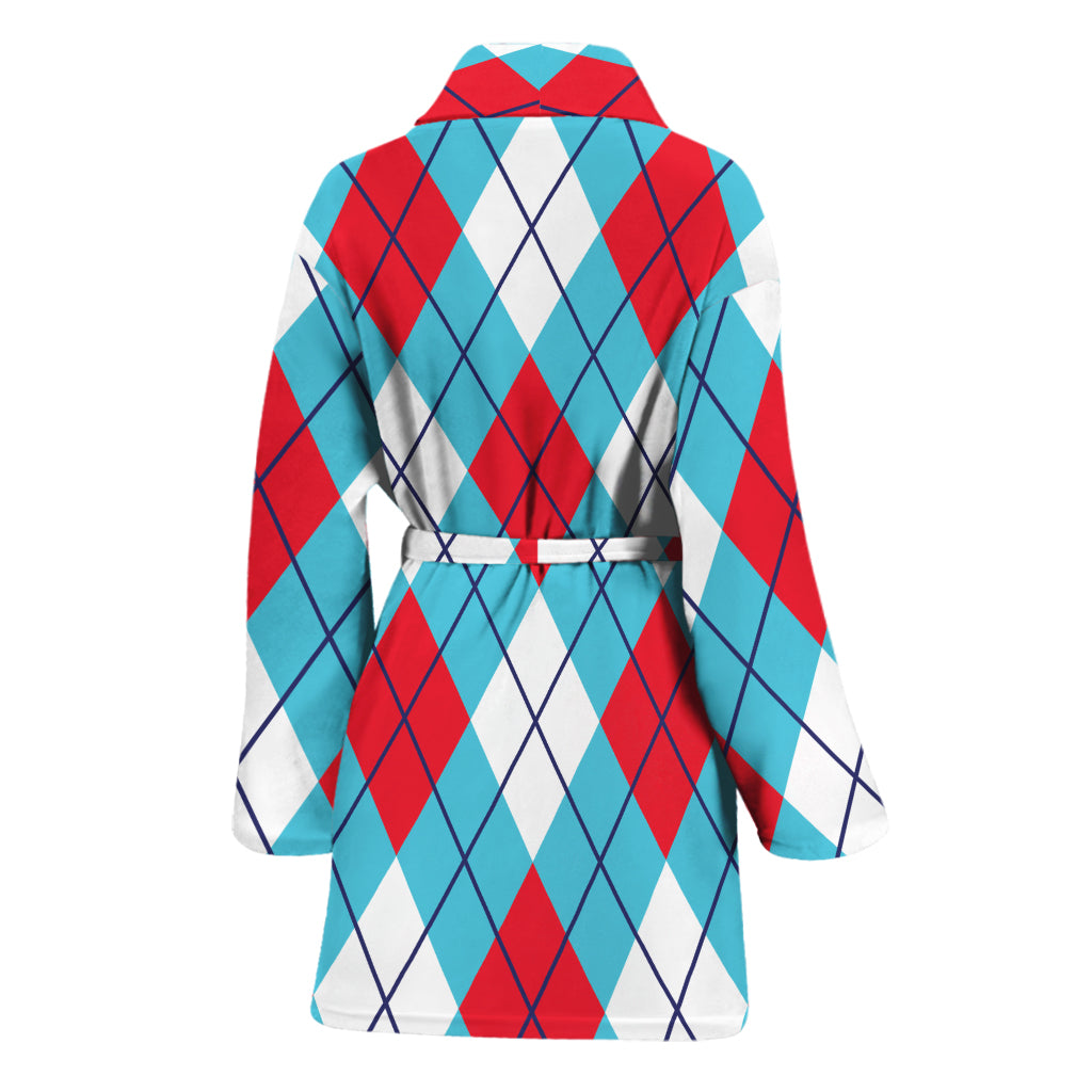 Red Blue And White Argyle Pattern Print Women's Bathrobe
