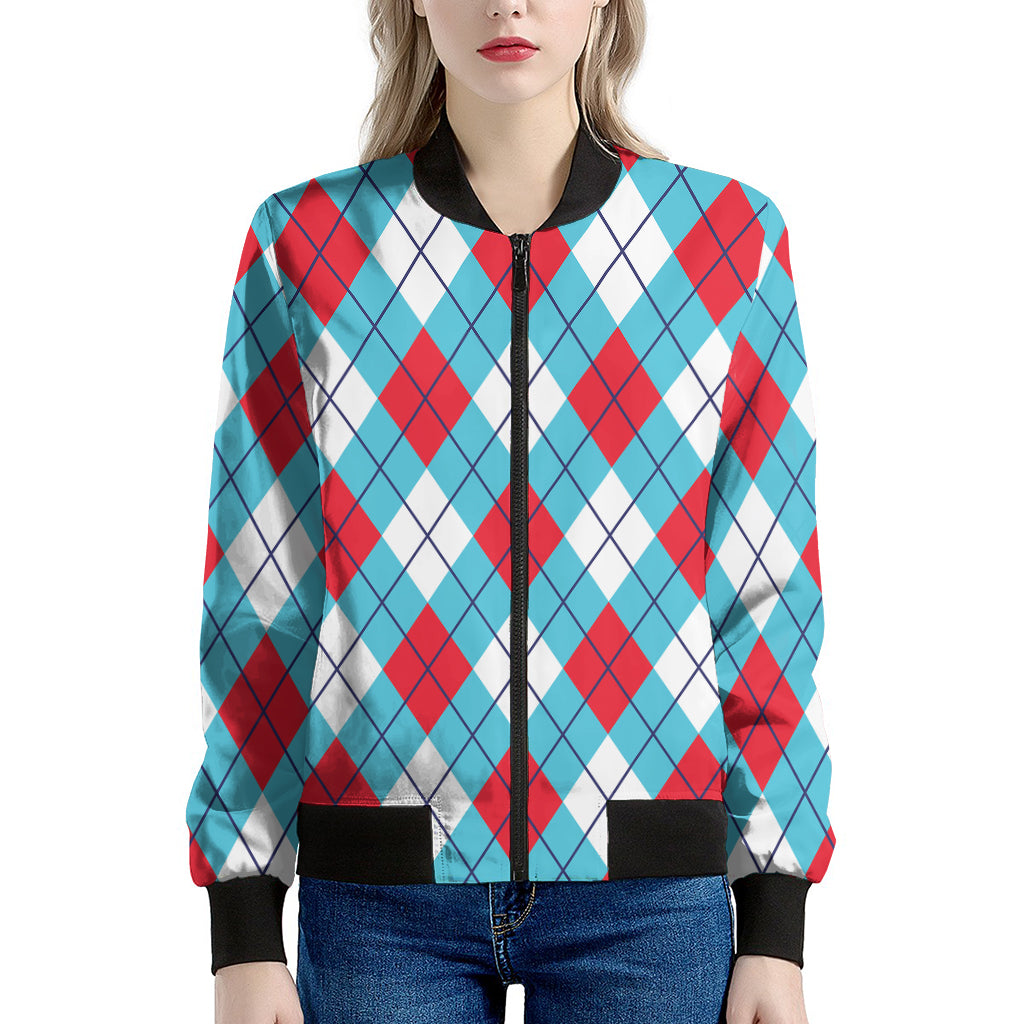 Red Blue And White Argyle Pattern Print Women's Bomber Jacket
