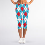 Red Blue And White Argyle Pattern Print Women's Capri Leggings