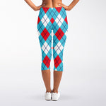 Red Blue And White Argyle Pattern Print Women's Capri Leggings