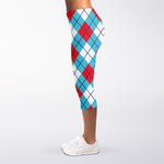 Red Blue And White Argyle Pattern Print Women's Capri Leggings