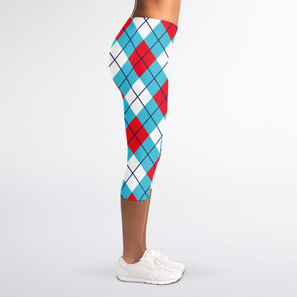 Red Blue And White Argyle Pattern Print Women's Capri Leggings