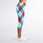Red Blue And White Argyle Pattern Print Women's Capri Leggings