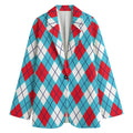 Red Blue And White Argyle Pattern Print Women's Cotton Blazer