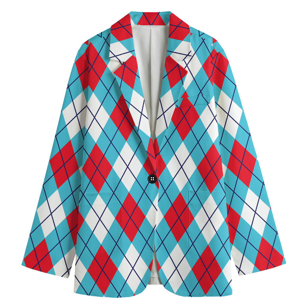 Red Blue And White Argyle Pattern Print Women's Cotton Blazer