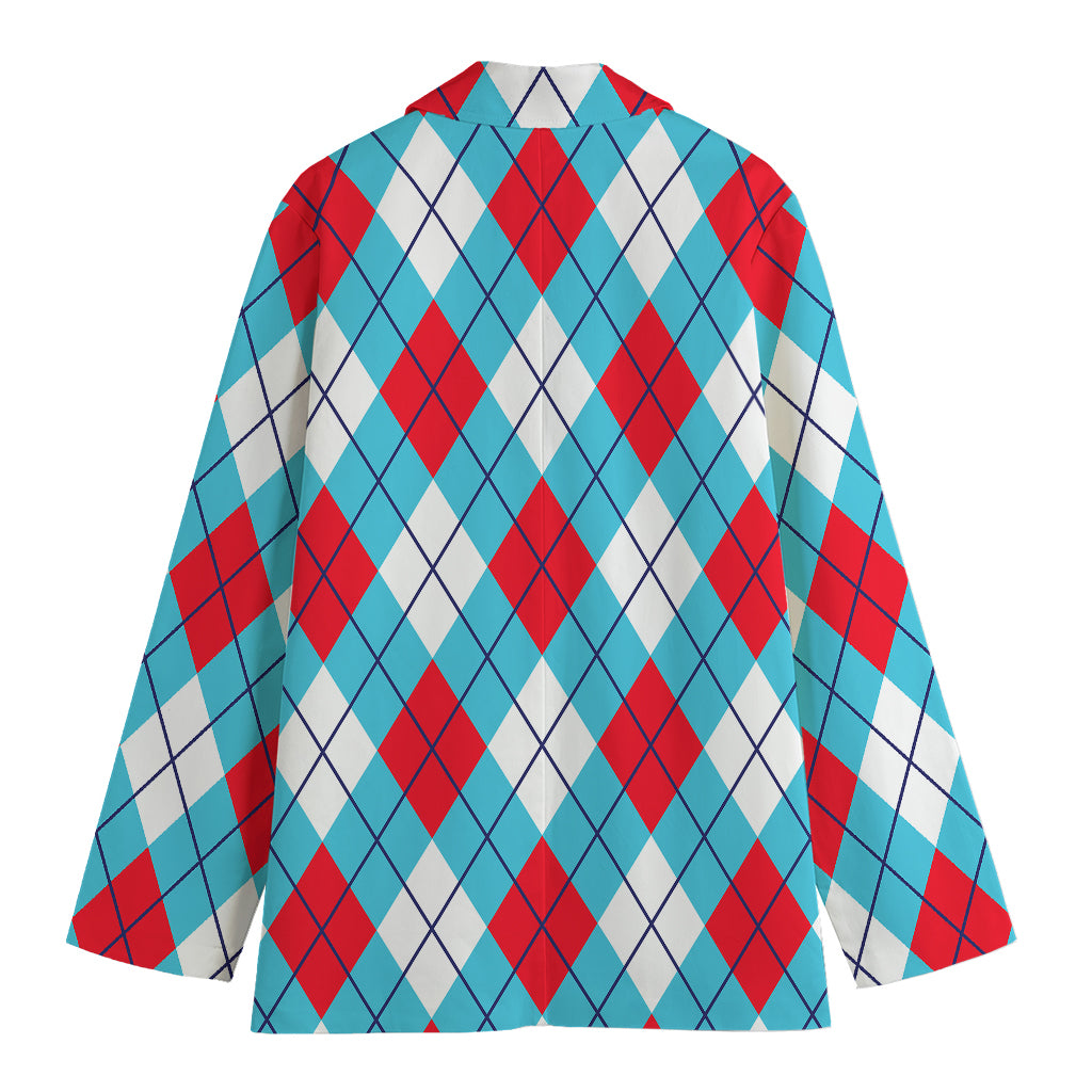 Red Blue And White Argyle Pattern Print Women's Cotton Blazer