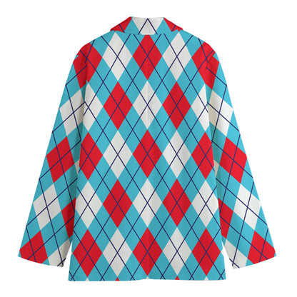 Red Blue And White Argyle Pattern Print Women's Cotton Blazer