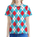 Red Blue And White Argyle Pattern Print Women's Polo Shirt