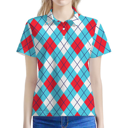 Red Blue And White Argyle Pattern Print Women's Polo Shirt