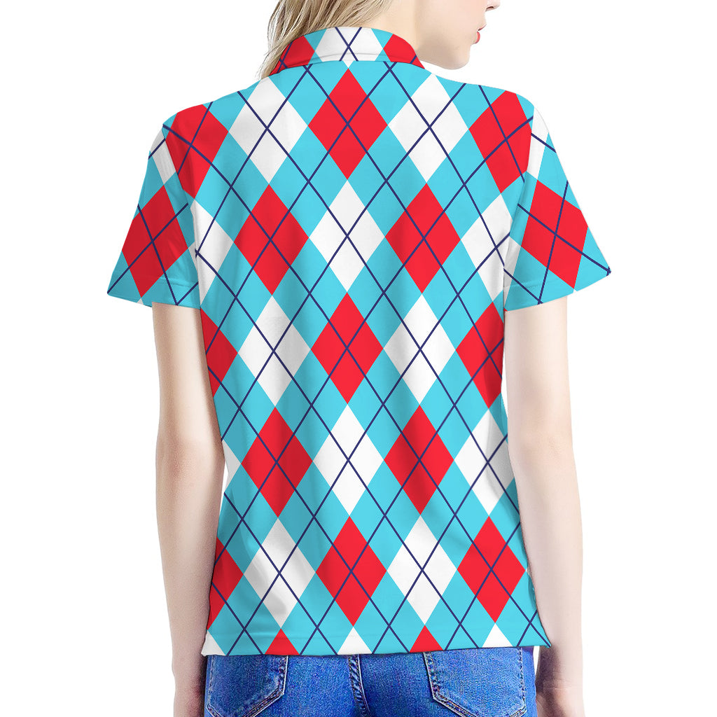 Red Blue And White Argyle Pattern Print Women's Polo Shirt