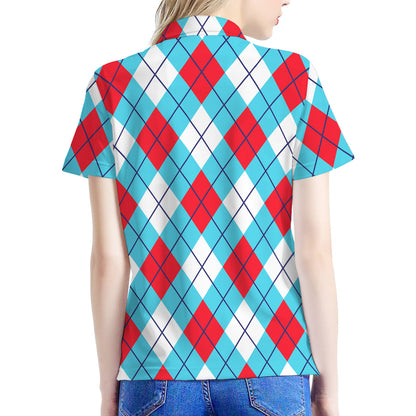 Red Blue And White Argyle Pattern Print Women's Polo Shirt