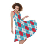 Red Blue And White Argyle Pattern Print Women's Sleeveless Dress
