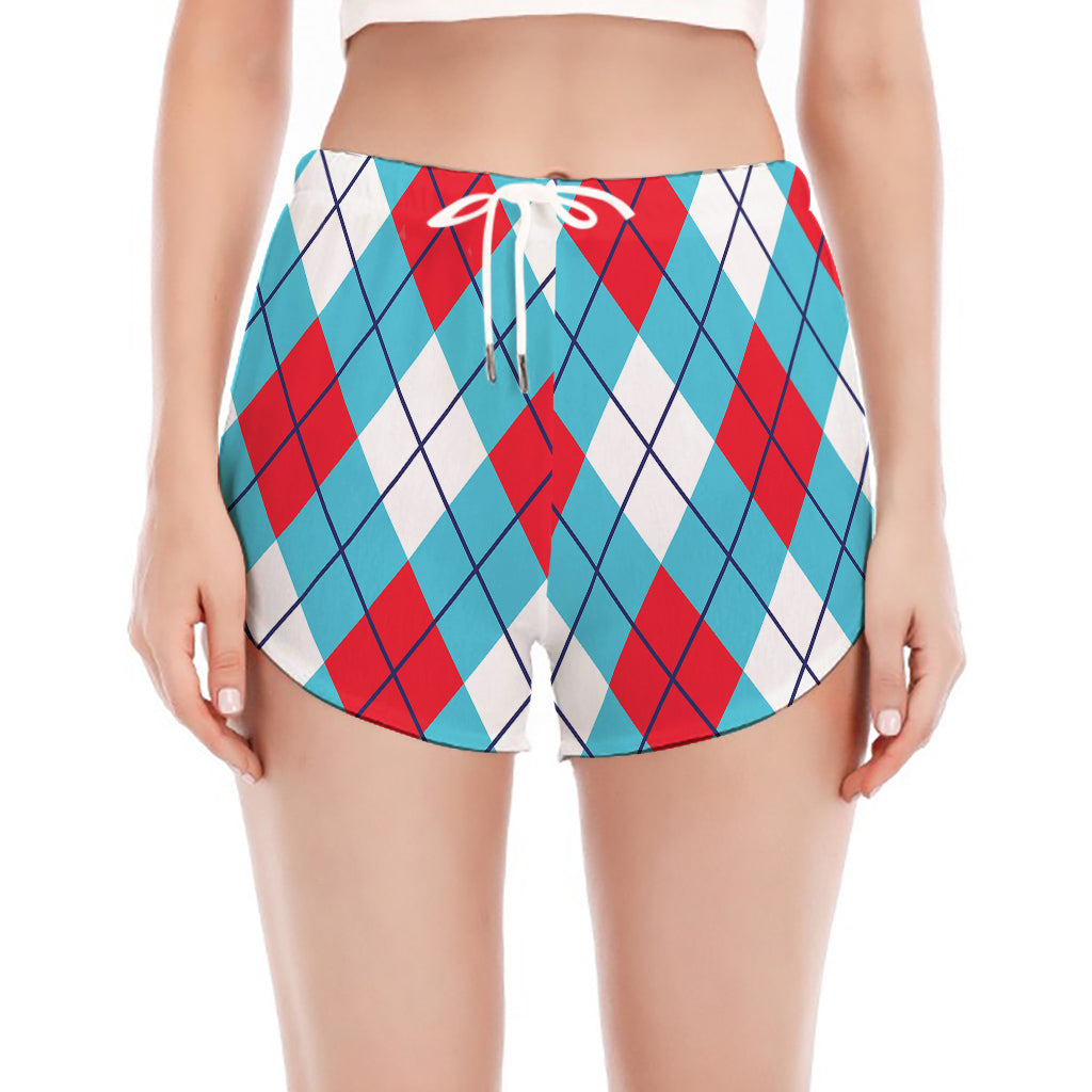Red Blue And White Argyle Pattern Print Women's Split Running Shorts