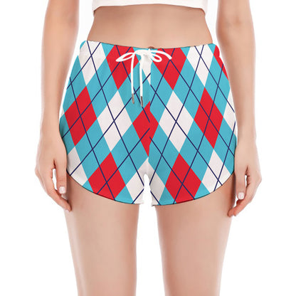 Red Blue And White Argyle Pattern Print Women's Split Running Shorts