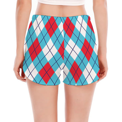 Red Blue And White Argyle Pattern Print Women's Split Running Shorts