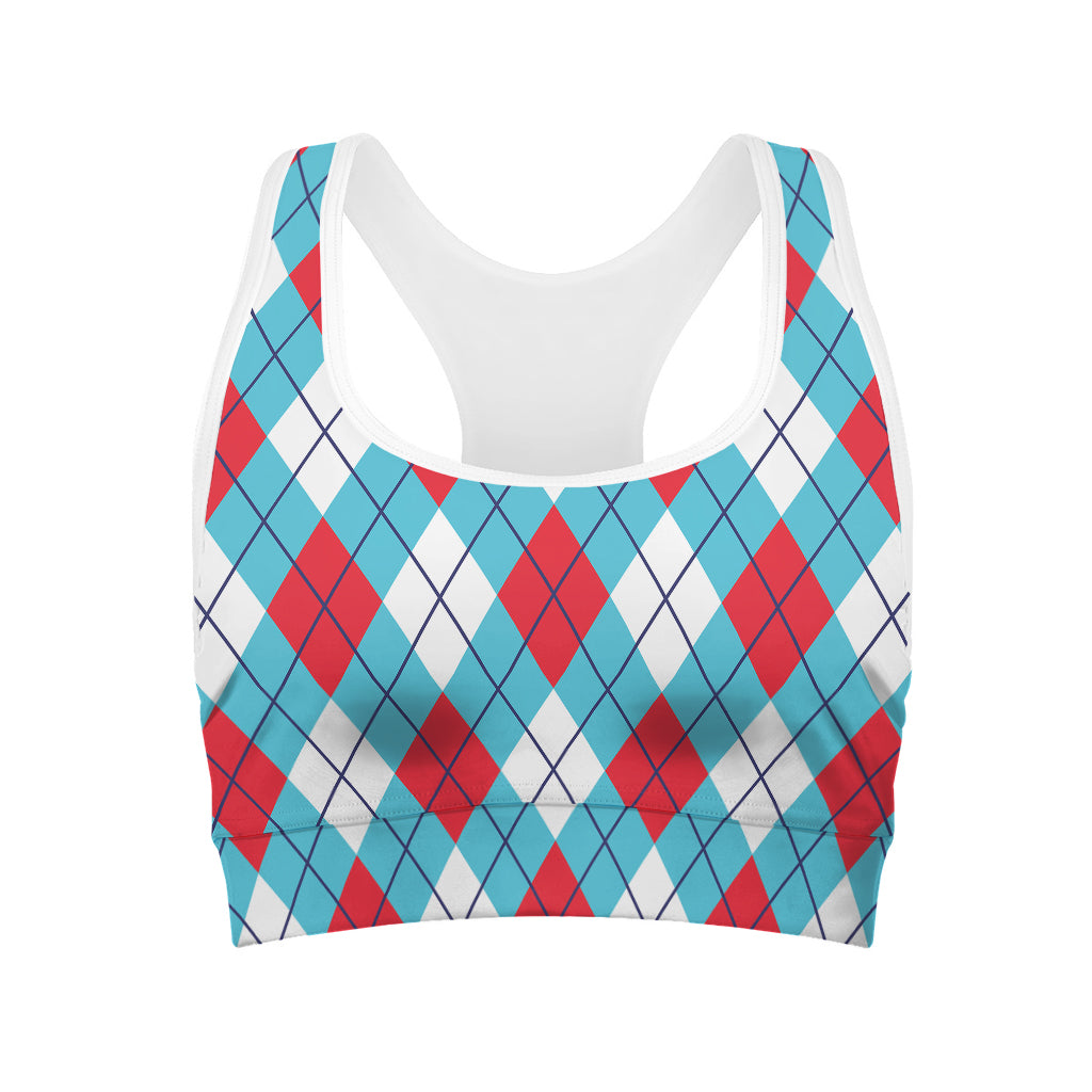 Red Blue And White Argyle Pattern Print Women's Sports Bra