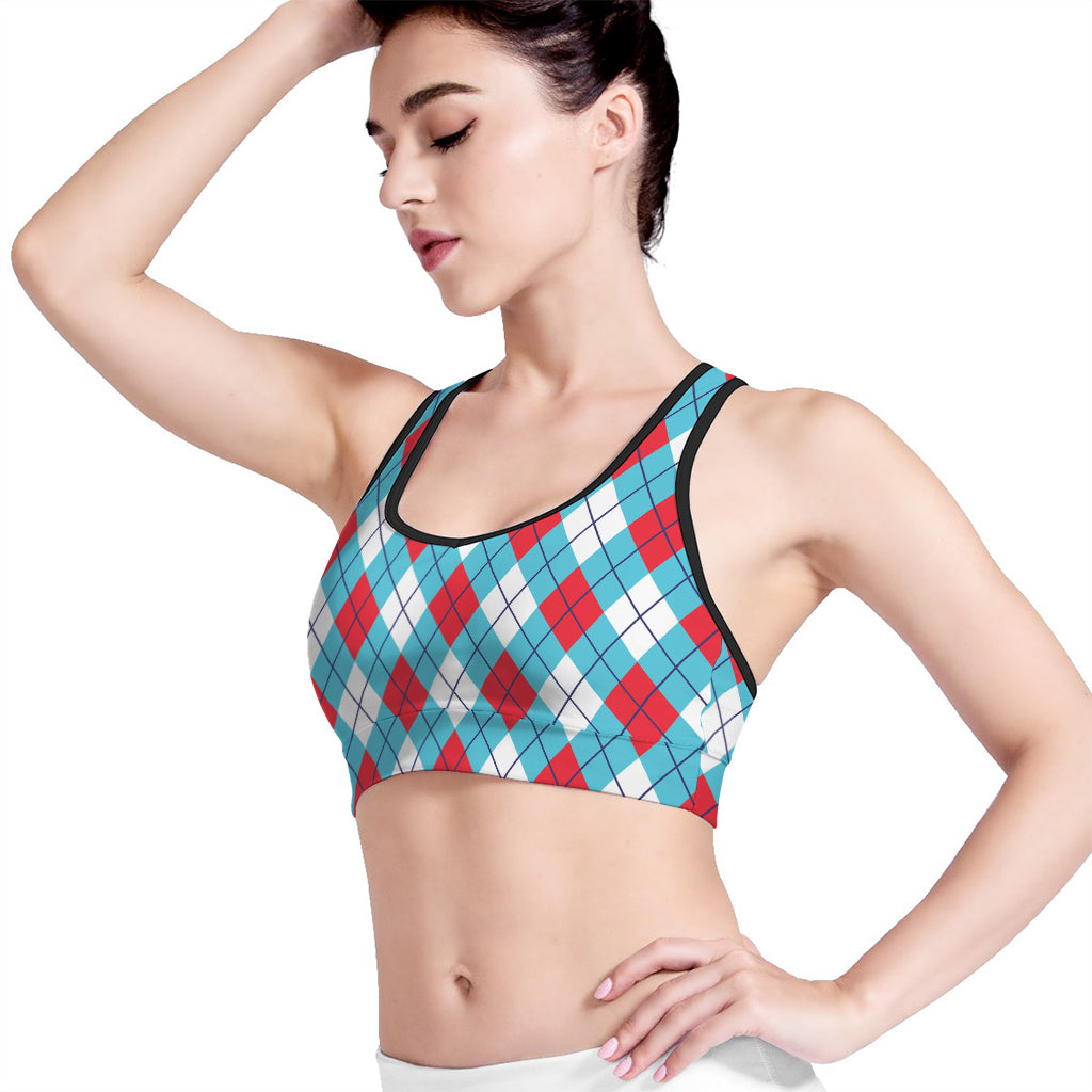 Red Blue And White Argyle Pattern Print Women's Sports Bra