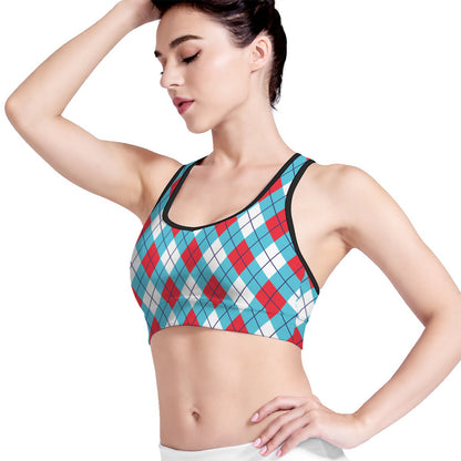 Red Blue And White Argyle Pattern Print Women's Sports Bra