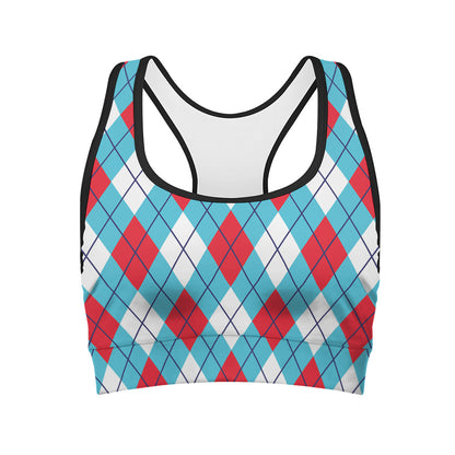 Red Blue And White Argyle Pattern Print Women's Sports Bra