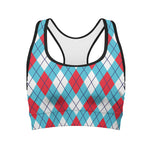 Red Blue And White Argyle Pattern Print Women's Sports Bra