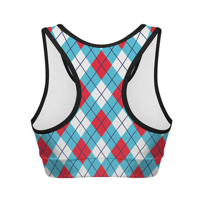 Red Blue And White Argyle Pattern Print Women's Sports Bra