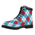 Red Blue And White Argyle Pattern Print Padded Collar Lace Up Boots