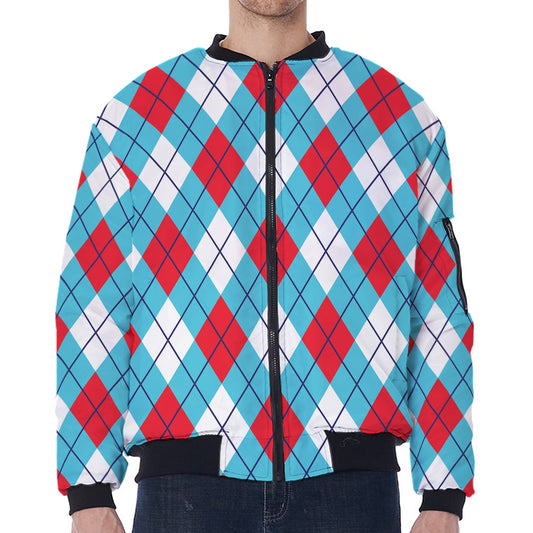 Red Blue And White Argyle Pattern Print Zip Sleeve Bomber Jacket