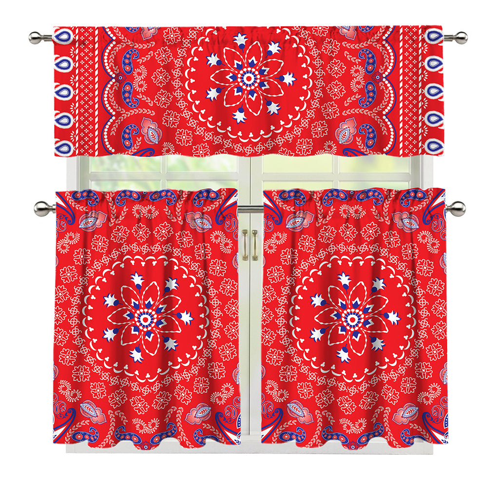 Red Blue And White Bandana Print 3 Piece Kitchen Curtains