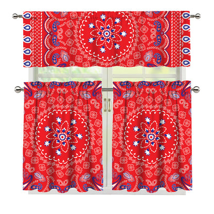 Red Blue And White Bandana Print 3 Piece Kitchen Curtains