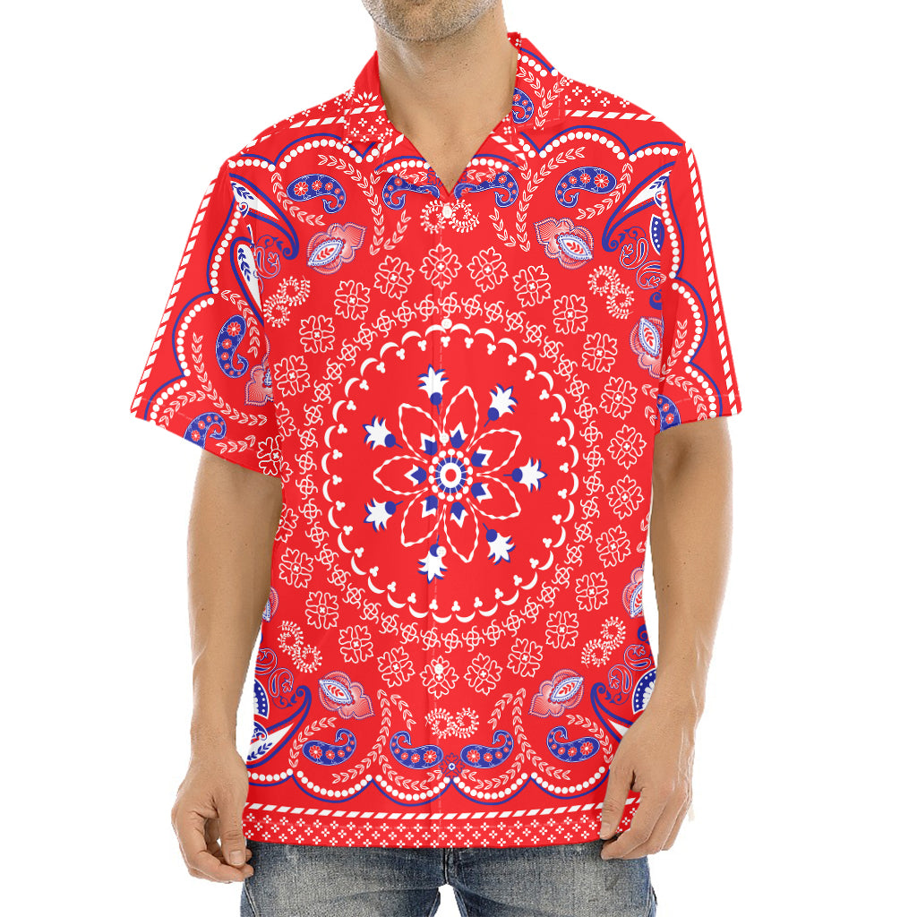 Red Blue And White Bandana Print Aloha Shirt