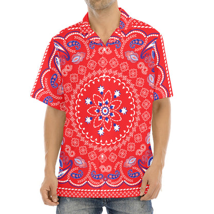 Red Blue And White Bandana Print Aloha Shirt