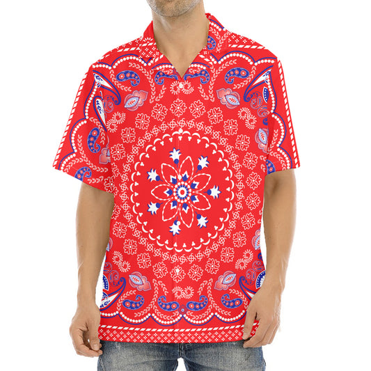 Red Blue And White Bandana Print Aloha Shirt