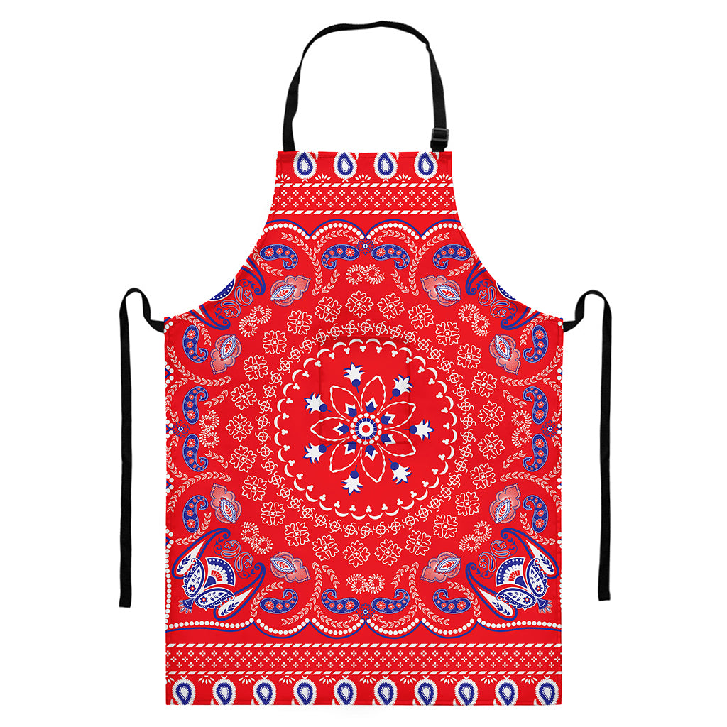 Red Blue And White Bandana Print Bib Apron With Pocket