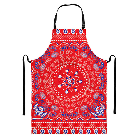 Red Blue And White Bandana Print Bib Apron With Pocket