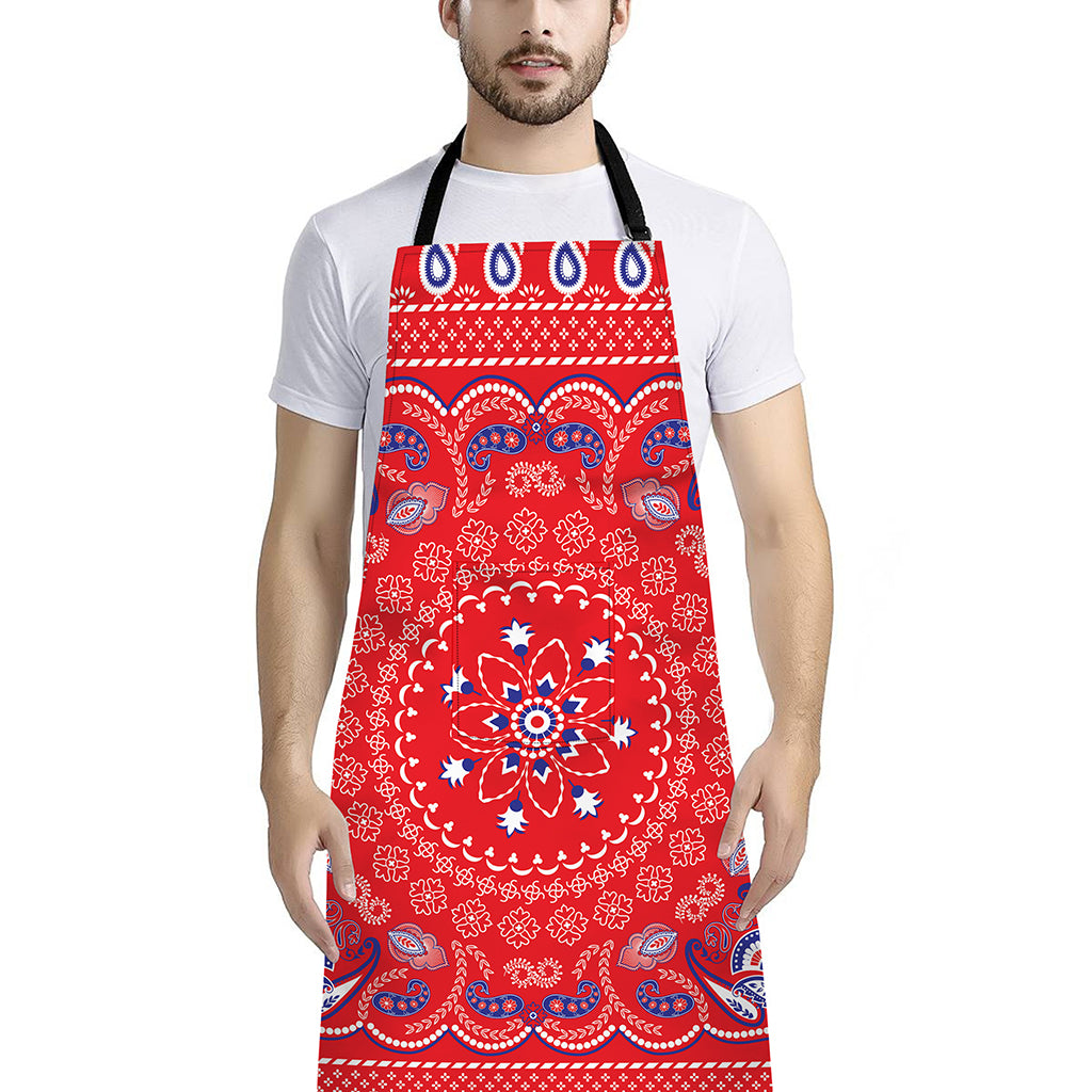 Red Blue And White Bandana Print Bib Apron With Pocket