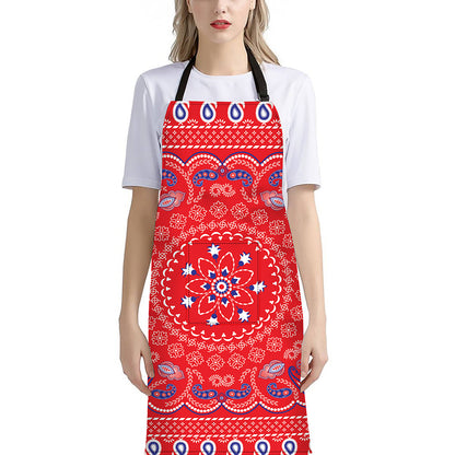 Red Blue And White Bandana Print Bib Apron With Pocket